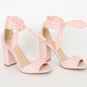 Lulus Pink and White Gingham Ankle Strap Heels